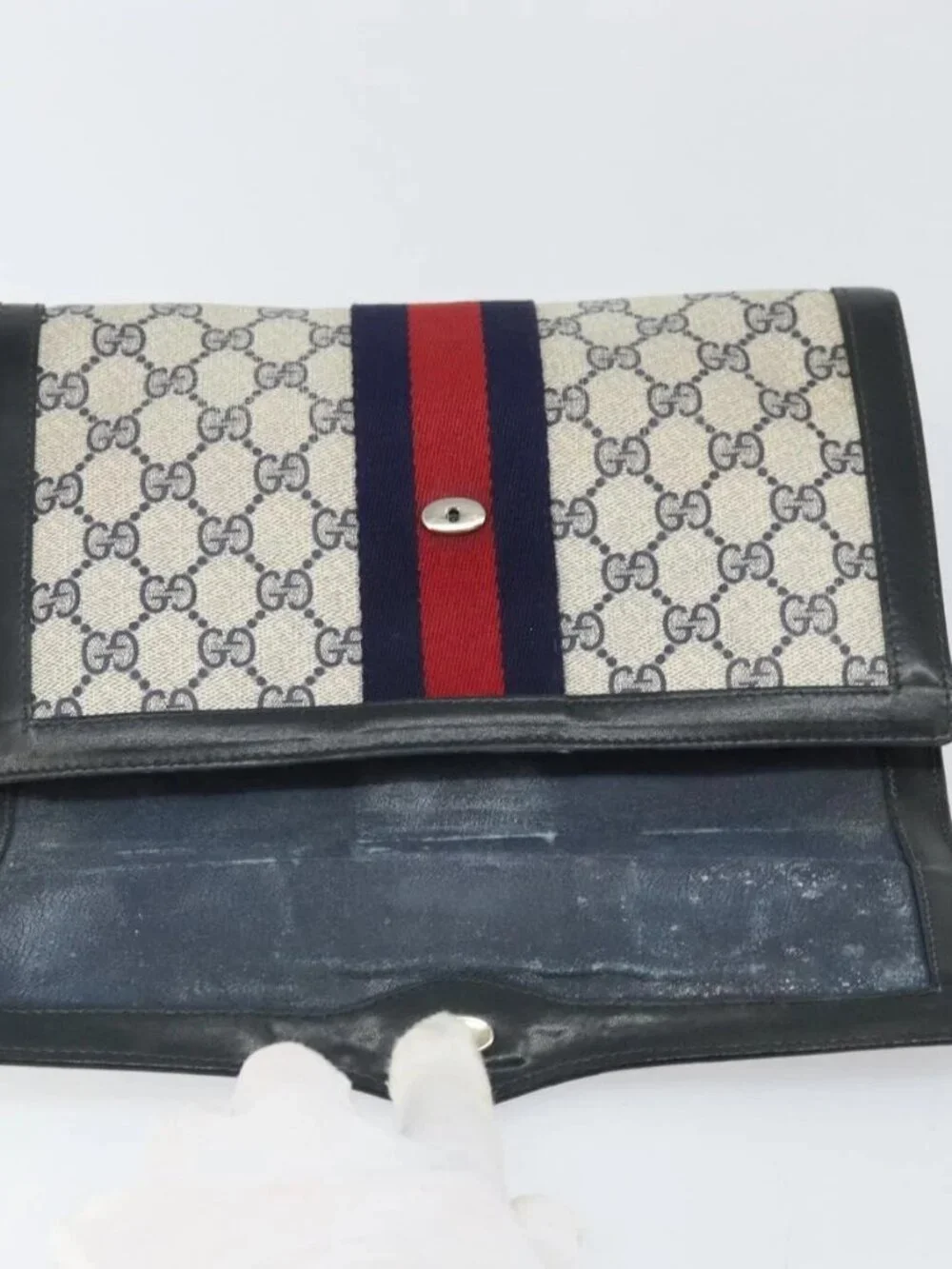 GUCCI GG Supreme Sherry Line Clutch Bag PVC Navy Gold 010 378 Auth BA10399